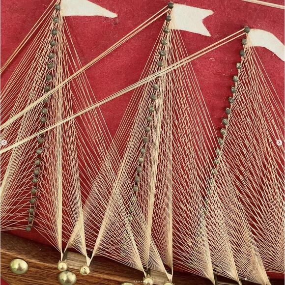 Vintage String Art Ship Boat Wood Body Brass Tacks Gold Thread Red Felt MCM - Picture 5 of 7